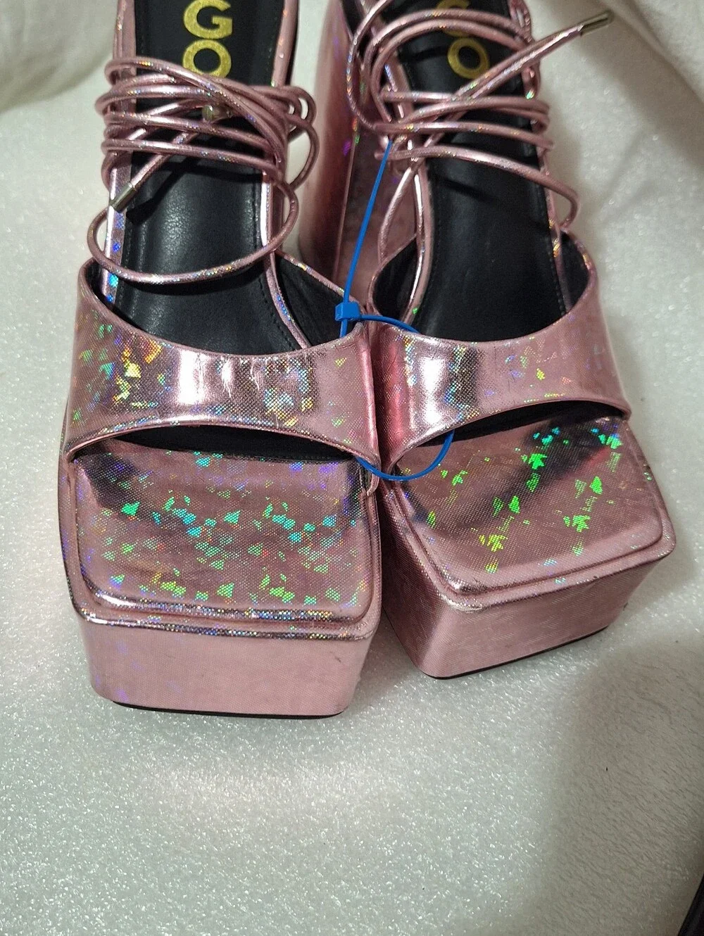 Pink Holographic Platform Block Heel Sandals